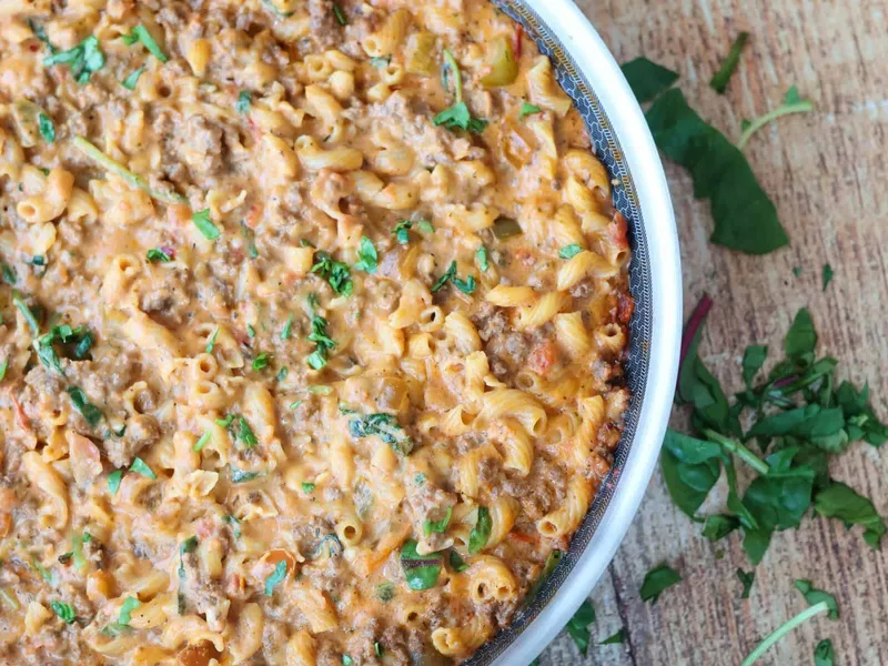Gluten Free Ground Beef and Pasta Casserole with Cheddar