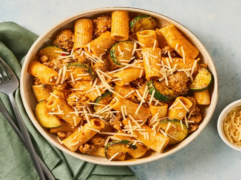 Creamy Chicken Rigatoni Rosa with Zucchini and Parmesan