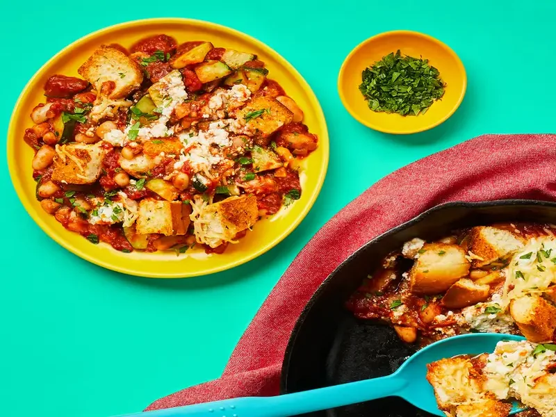 One-Pan Italian Bean Skillet with Ricotta & Parmesan Croutons
