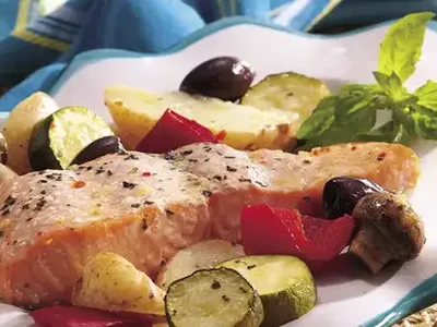 Roasted Salmon with Mediterranean Vegetables