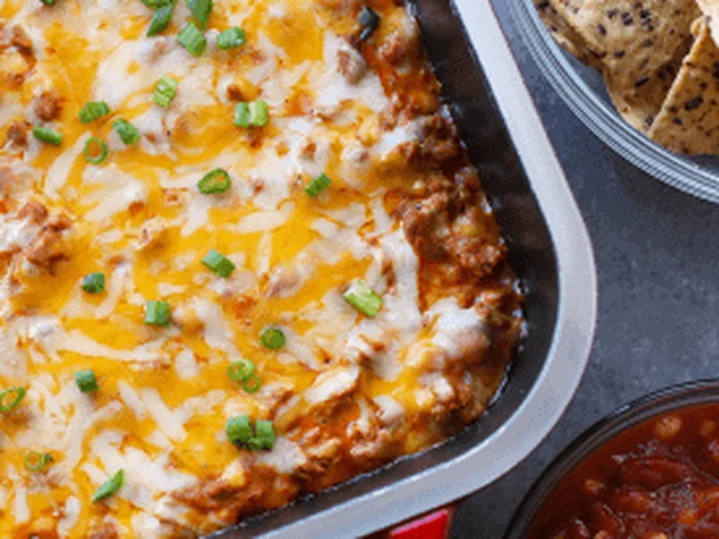 Baked Ground Turkey Chili Cheese Dip with Greek Yogurt