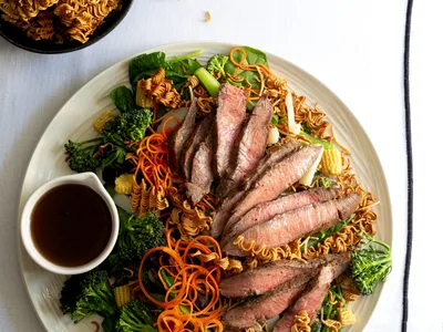 Asian Marinated Steak Salad with Toasted Ramen Garnish