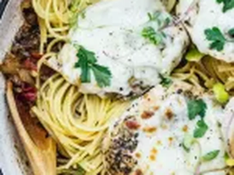Cheesy Chicken with Balsamic-Tomato Sauce and Garlic Pasta