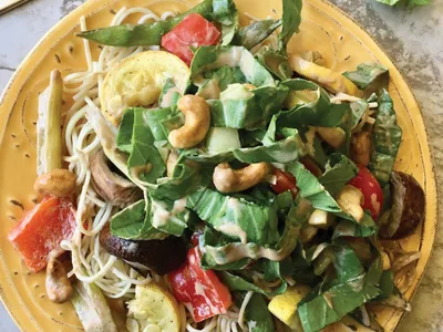Roasted Vegetable Lo Mein Bowl with Peanut Sauce