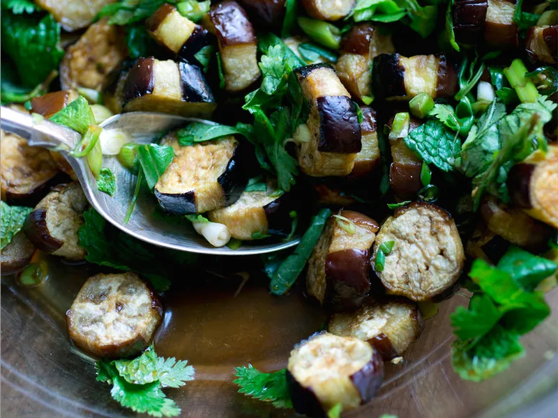 Roasted Japanese Eggplant Salad with Thai Herbs and Lime