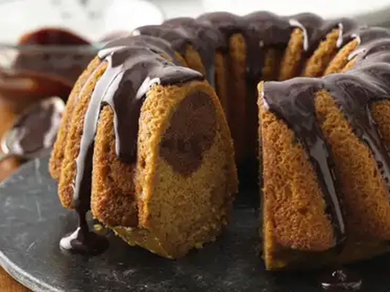 One-Bowl Pumpkin Chocolate Swirl Bundt Cake with Ganache