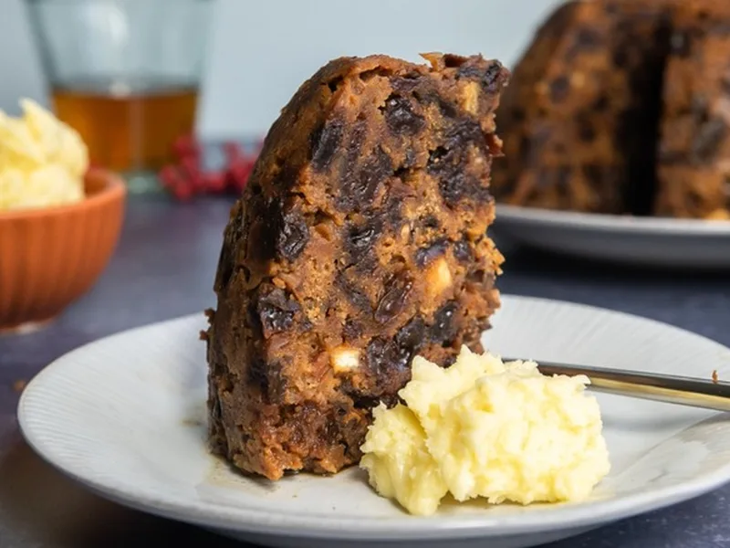 Traditional British Christmas Pudding with Brandy Butter