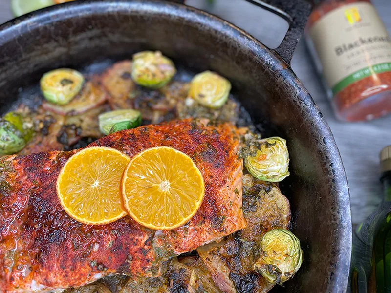 Skillet Citrus Roasted Salmon Over Layered Potatoes