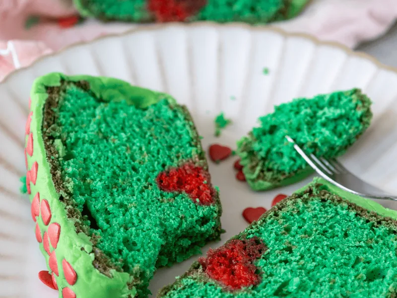 Air Fryer Grinch Heart Loaf Cake with Green and Red Layers