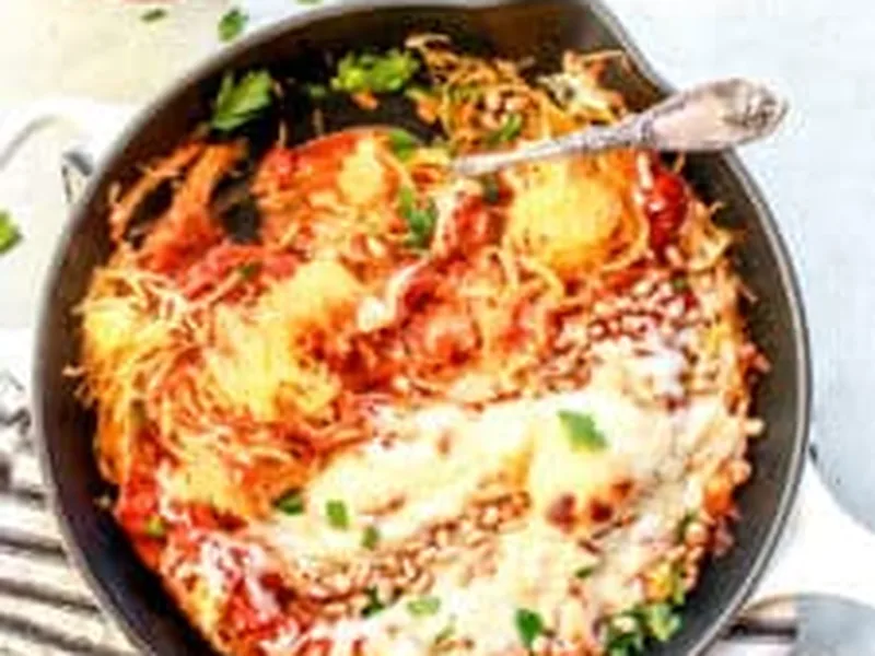 Roasted Spaghetti Squash with Cheesy Marinara and Pine Nuts