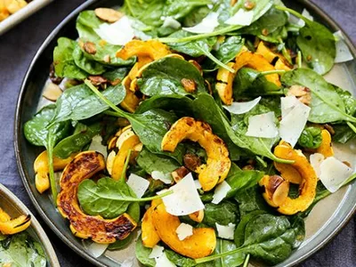 Warm Spinach Salad with Roasted Delicata Squash