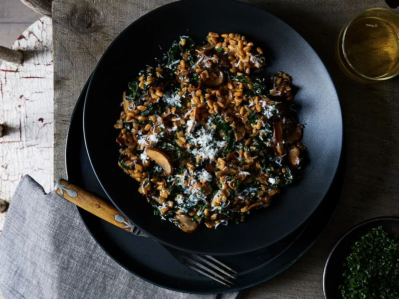 Double Mushroom and Kale Farro with Pecorino Romano