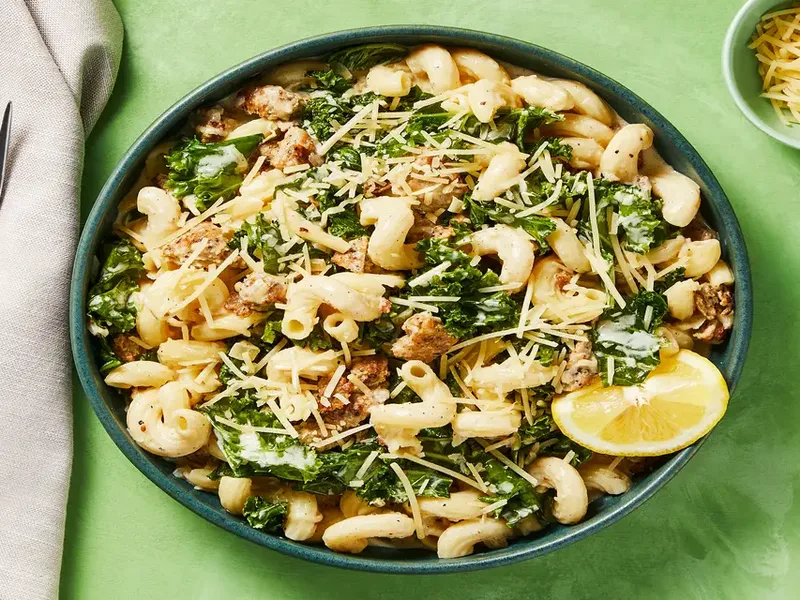 Creamy Chicken Sausage Kale Cavatappi with Garlic Parmesan
