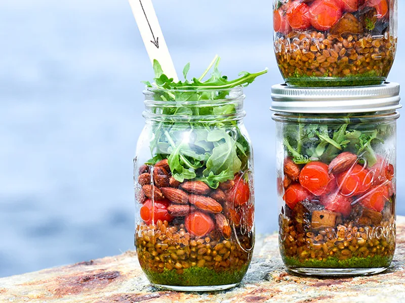 Wheat Berry Mason Jar Salad with Blistered Tomato Pesto