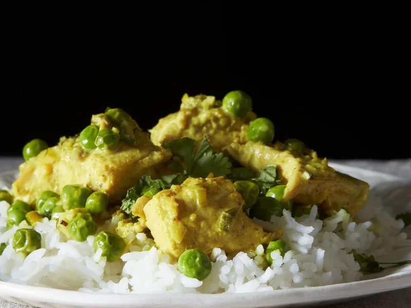 Poached Salmon with Thai Curry Coconut Sauce and Peas