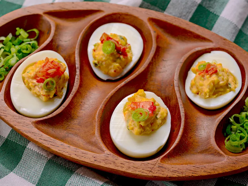 Kimchi Deviled Eggs with Kewpie Mayo
