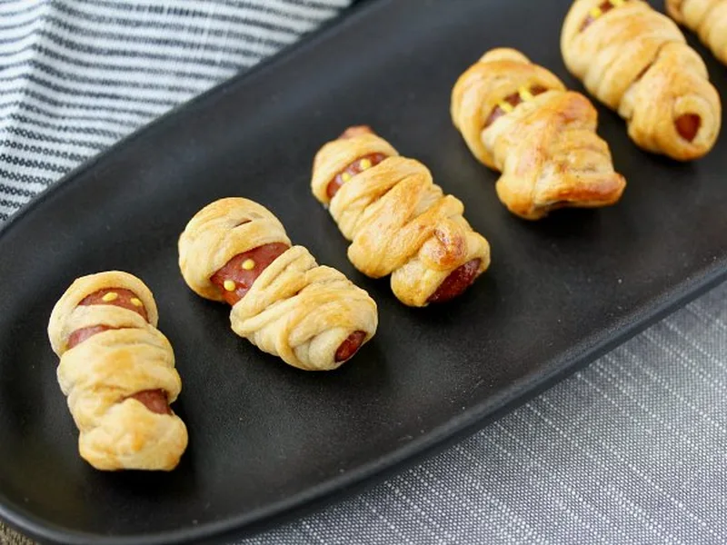 Crescent-Wrapped Mummy Dogs with Mustard Eyes