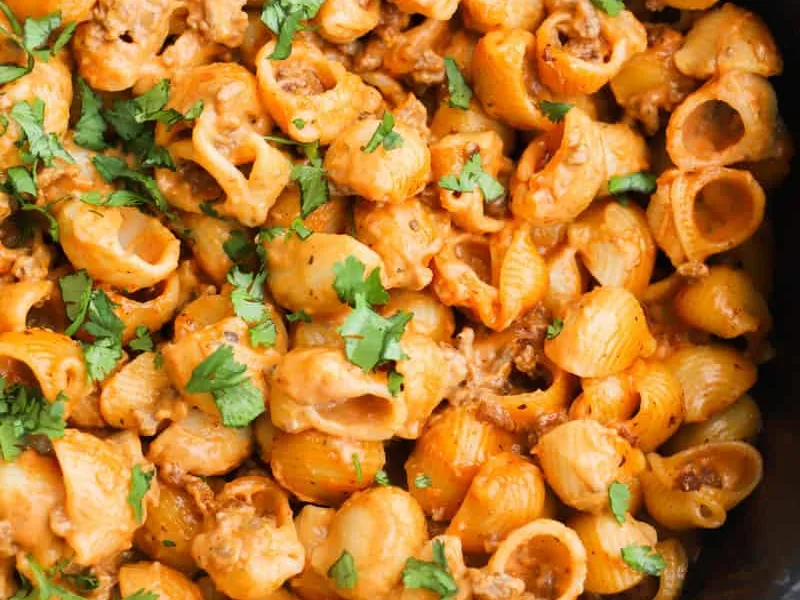 Creamy Ground Beef and Shell Pasta with Cheddar Cheese
