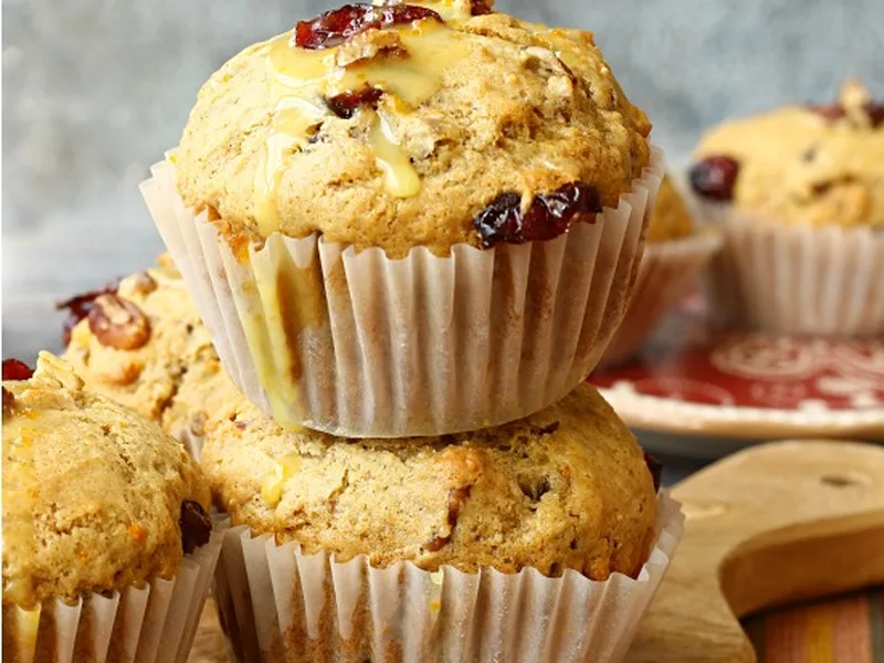 Dried Cranberry Orange Muffins with Pecans and Orange Glaze