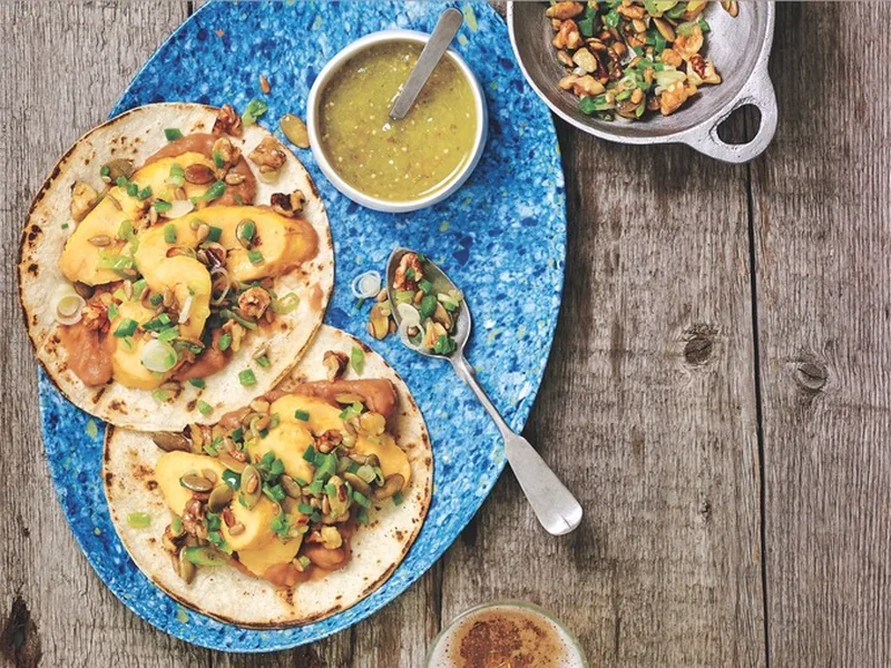 Roasted Plantain Tacos with Pepita Walnut Crunch and Tomatillo Salsa