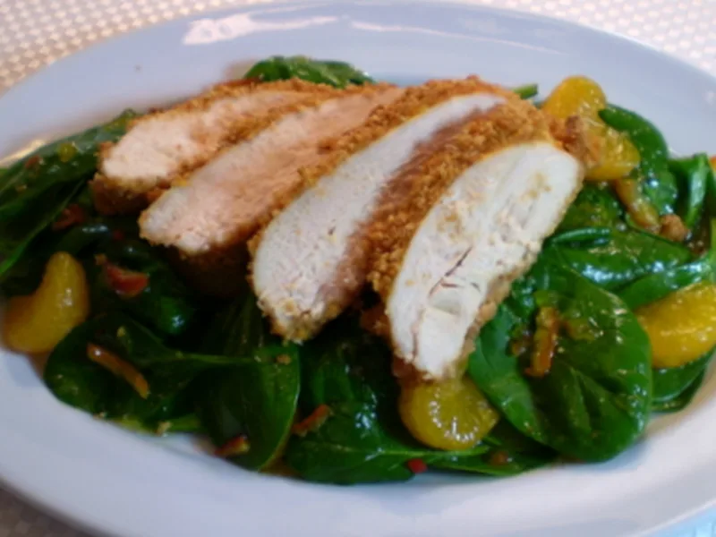 Breaded Orange Glazed Chicken with Spinach