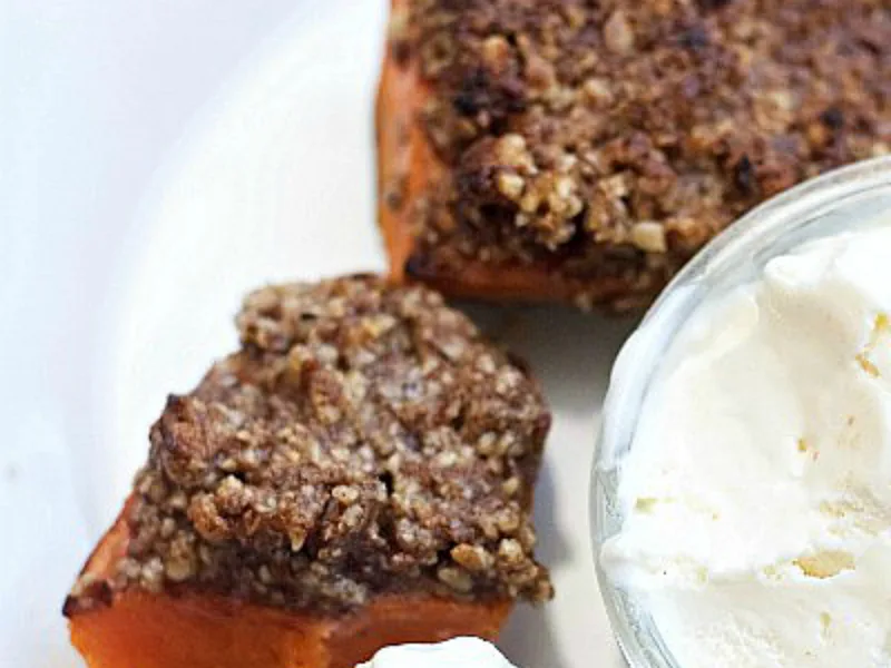 Roasted Brown Sugar Pecan Sweet Potatoes with Vanilla Ice Cream