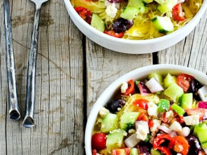 Roasted Spaghetti Squash with Greek Salad Topping