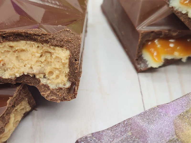 Homemade Milk Chocolate Candy Bars with Caramel Cheesecake