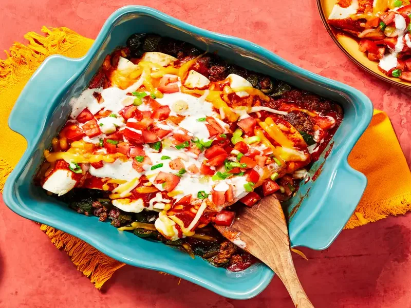 Tex-Mex Ground Beef and Poblano Enchiladas with Lime Crema