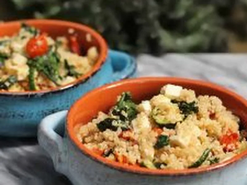 Lemony Quinoa Bowls with Roasted Zucchini, Tomatoes, Kale