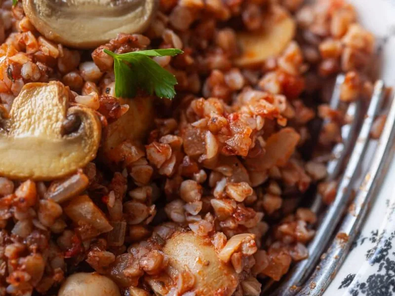Buckwheat Kasha with Pickled Mushrooms and Tomato