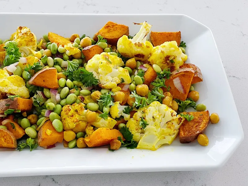 Curry Roasted Cauliflower Sweet Potato Bowl with Edamame