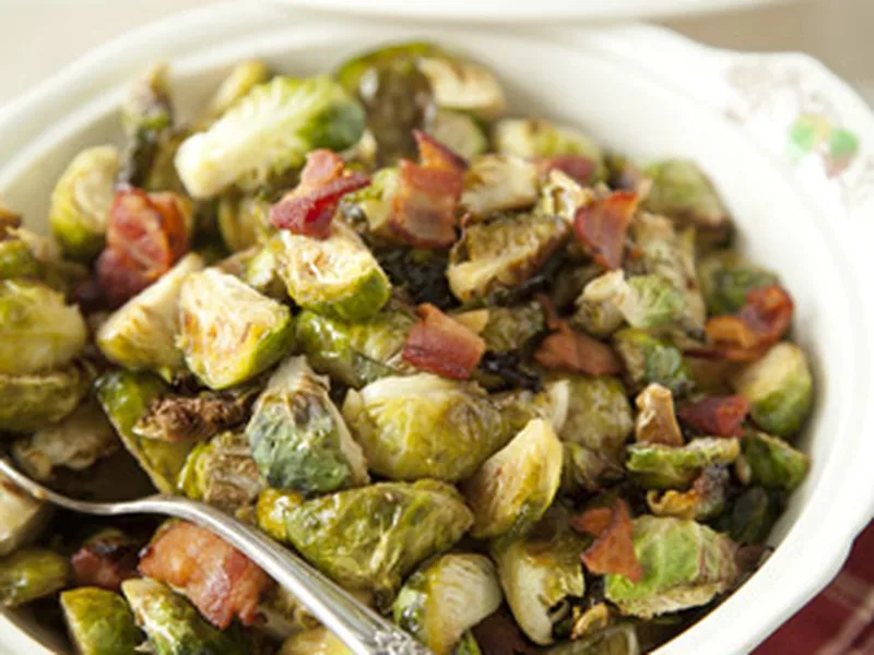 Roasted Brussels Sprouts with Hot Bacon Balsamic Vinaigrette