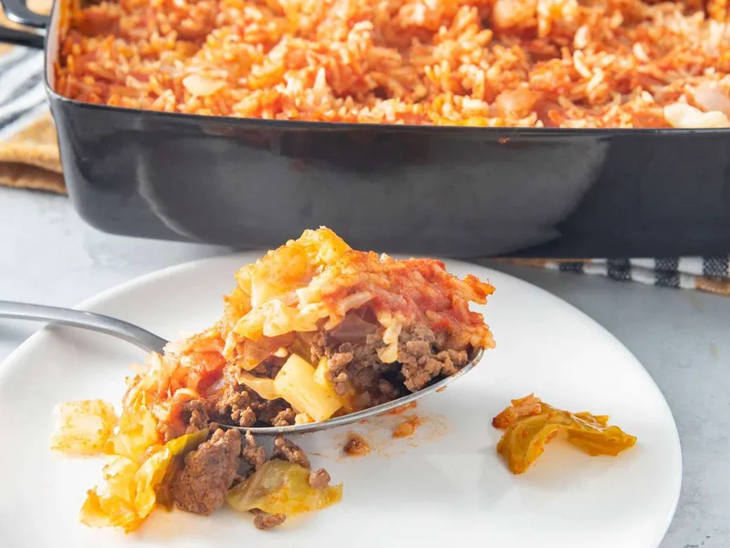 Baked Cabbage Rice Casserole with Tomatoes and Vegetables