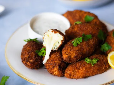 Herb Cheese Croquettes with Lemon Caper Mayo