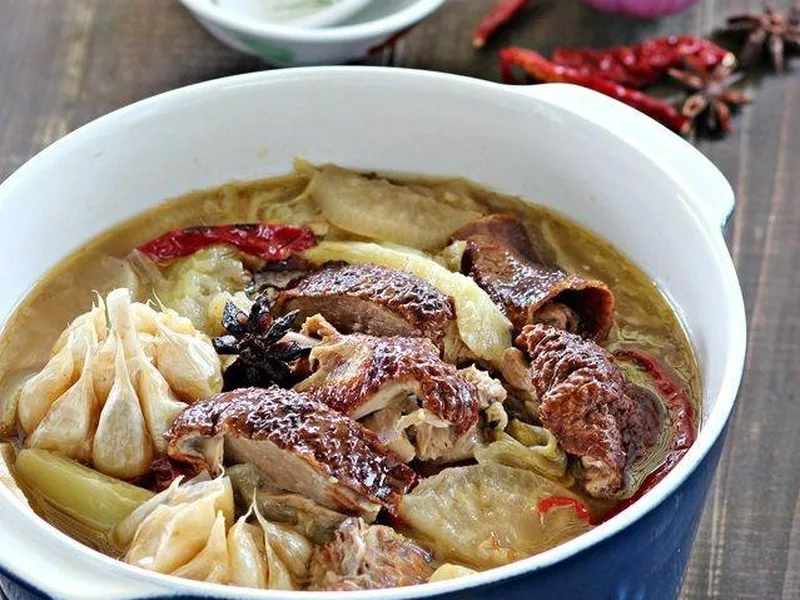 Braised Chinese Mustard Greens with Roast Duck