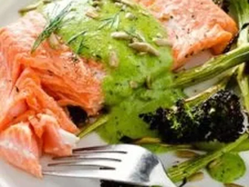 Broiled Salmon with Sunflower-Dill Pesto and Crispy Broccoli