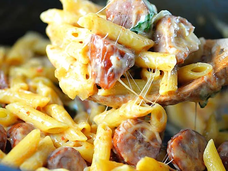 One Pot Penne with Smoked Sausage and Spinach