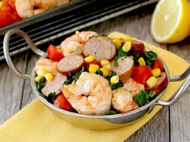 Sheet-Pan Shrimp & Sausage Bake with Spinach