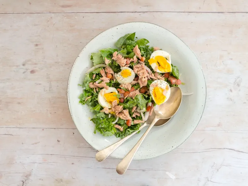 Keto Tuna Kale Pancetta Salad with Soft Massaged Greens