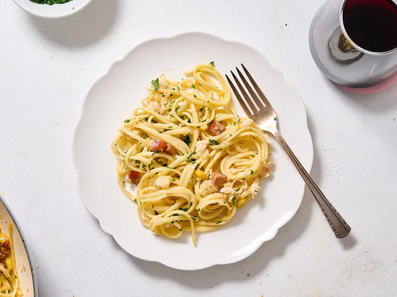Crab and Andouille Carbonara with Corn
