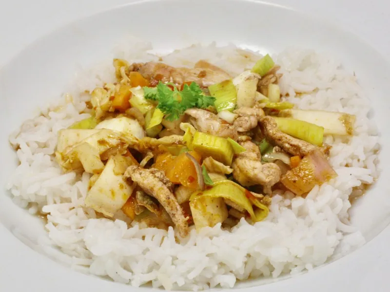 Pork Stir-Fry with Chili Beans and Basmati Rice