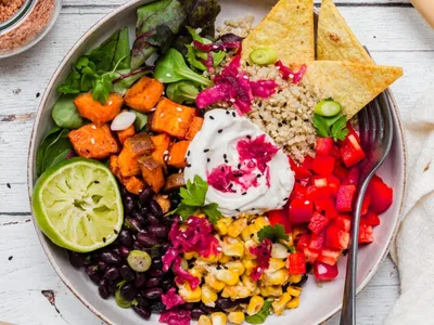 BBQ Sweet Potato Taco Bowls with Crispy Tortilla Chips