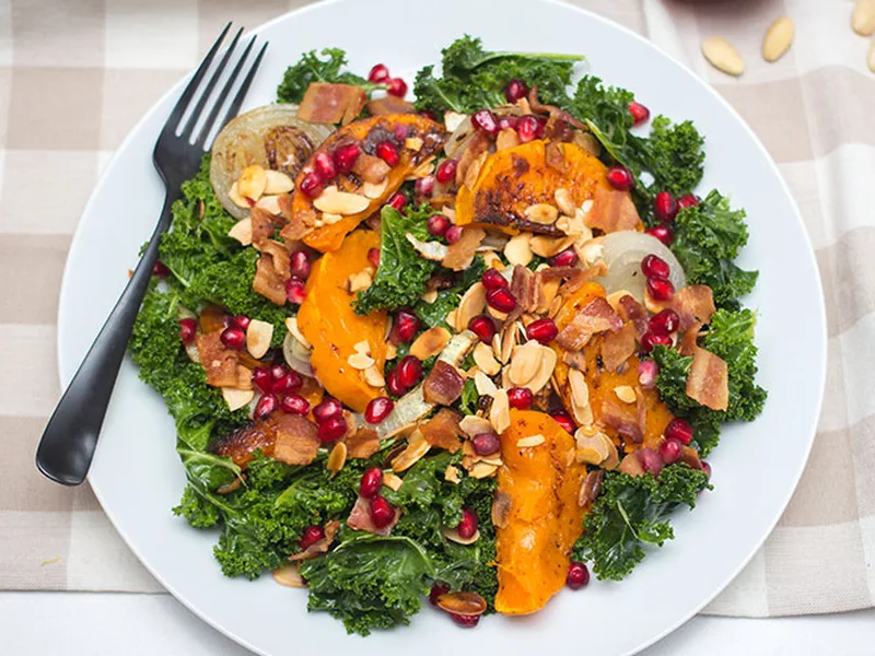 Roasted Butternut Squash Kale Salad with Pomegranate