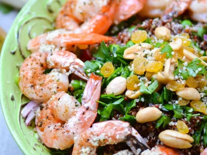 Roasted Shrimp and Quinoa Salad with Ginger-Hemp Dressing