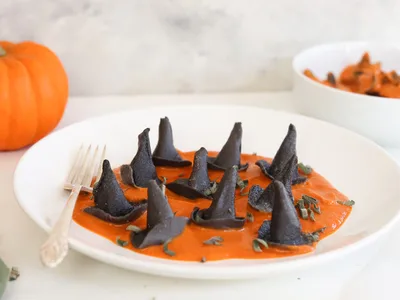 Squid Ink Witch Hat Pasta With Pumpkin Cream