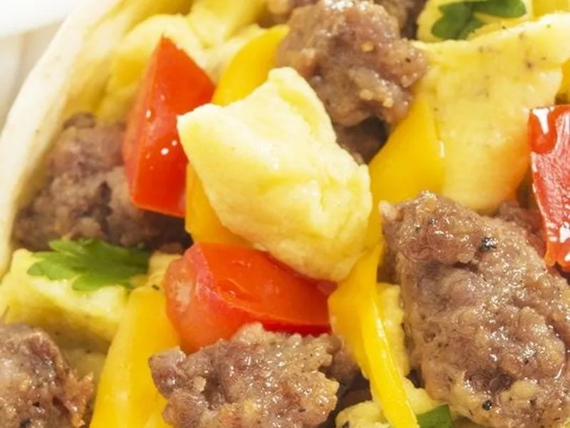 Southwest Breakfast Burritos with Pork Sausage and Scrambled Eggs