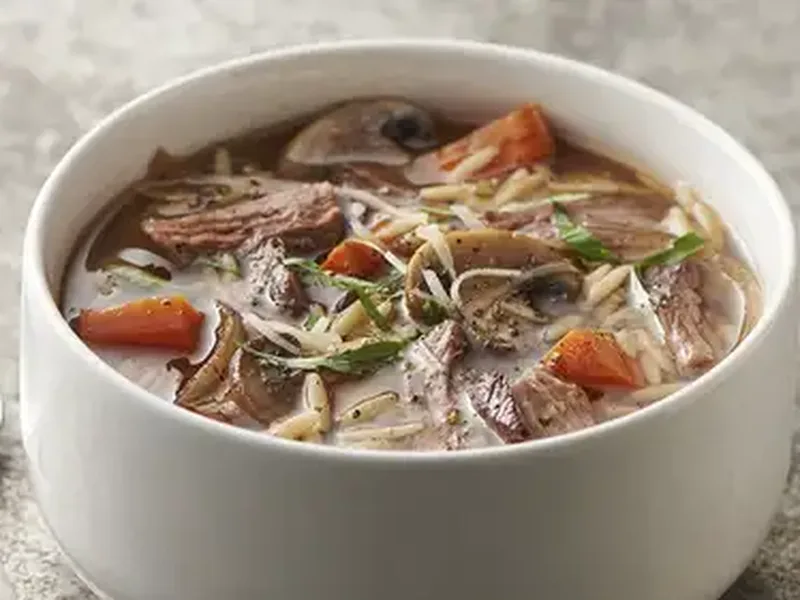 Slow Cooker Beef and Mushroom Soup with Orzo and Parmesan