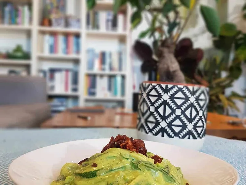 Creamy Avocado Carbonara with Spiralized Zucchini Noodles