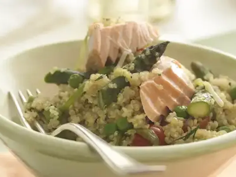 Quinoa Pilaf with Poached Salmon and Fresh Asparagus